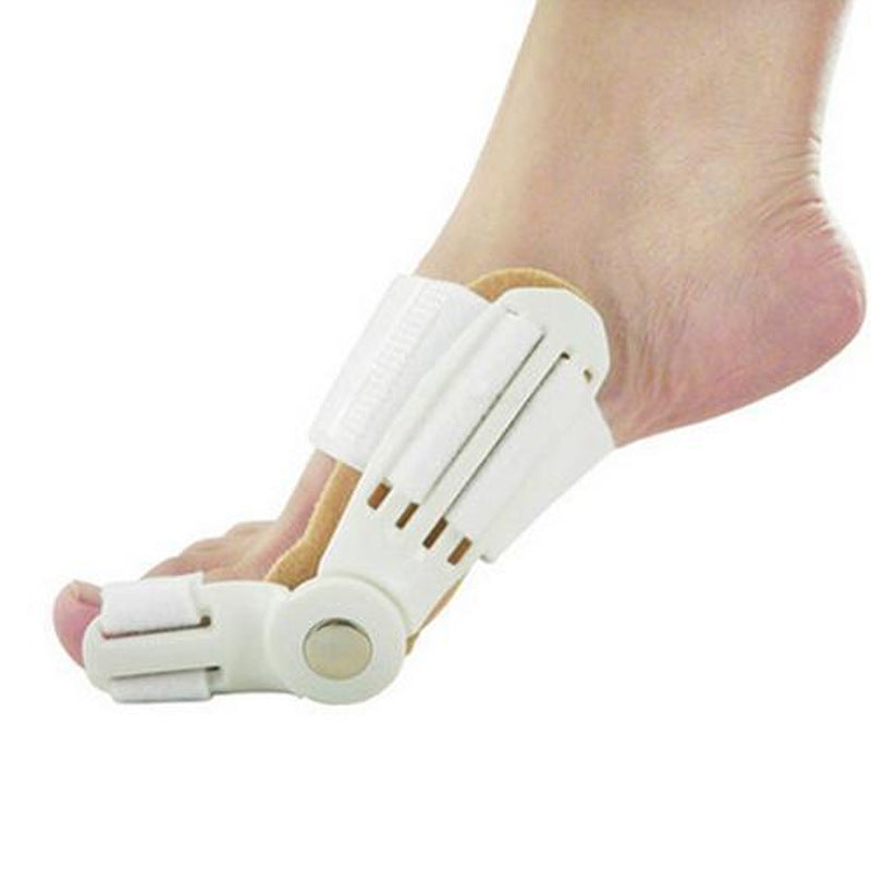 Black adjustable bunion corrector toe brace with rigid frame and hook-and-loop straps
