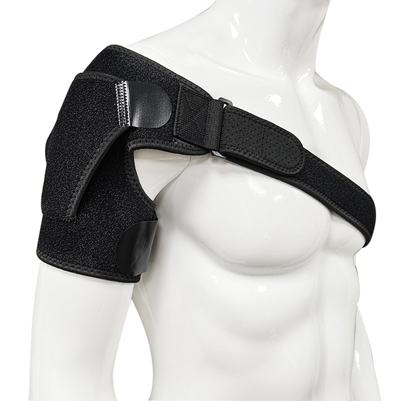 Side view of black shoulder support brace showing strap routing