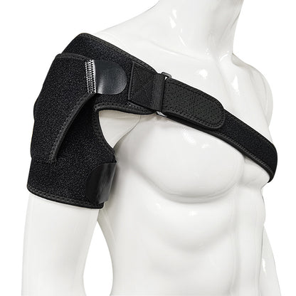 Side view of black shoulder support brace showing strap routing
