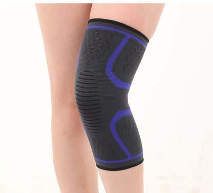 Elastic knee support sleeve being pulled on to show stretch and flexibility