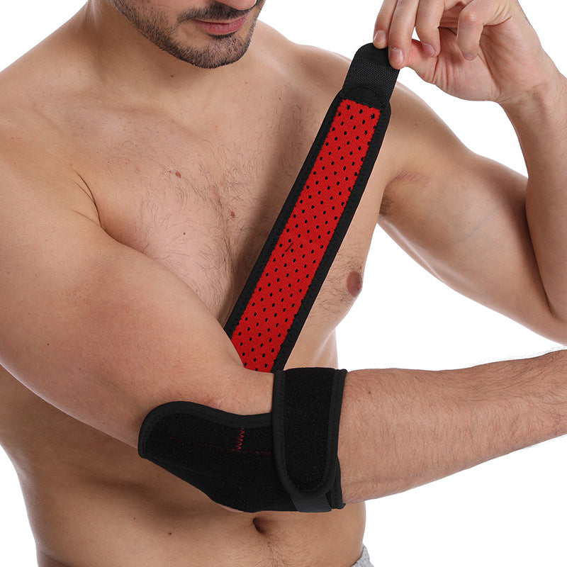 Close-up of elbow brace showing red inner lining and strap structure