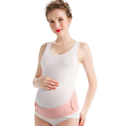 Front view of skin tone maternity belly support belt on model