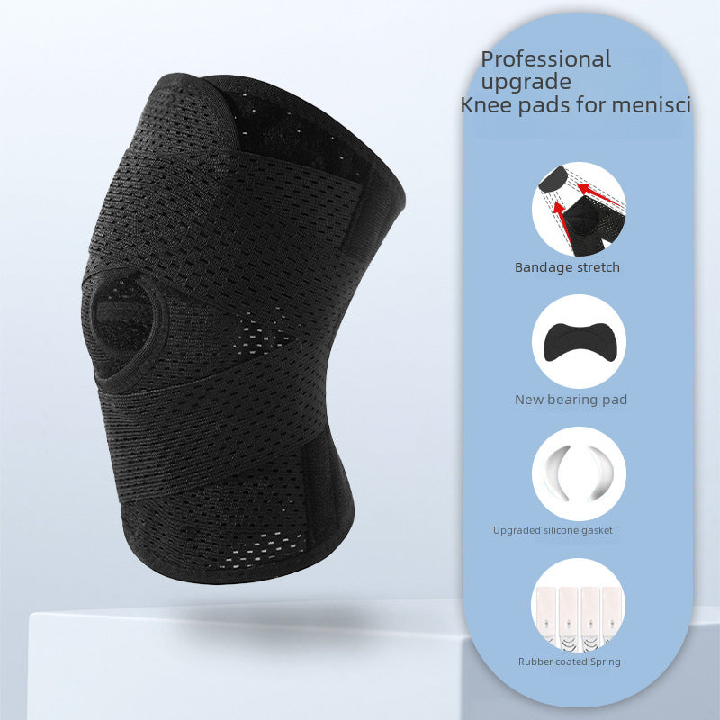Black knee support strap shown worn on leg highlighting slim wrap-around profile