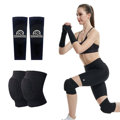 Black padded knee pads shown as a pair with model wearing them