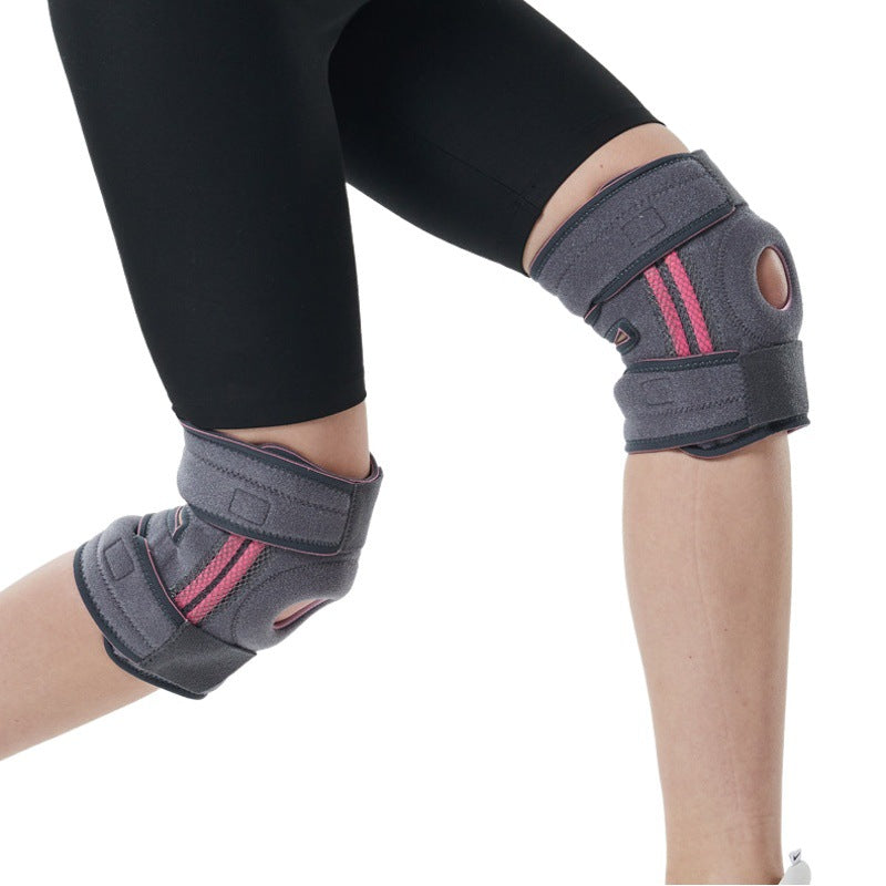 Knee brace worn on the leg showing flexible fit and open-patella support