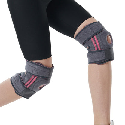 Knee brace worn on the leg showing flexible fit and open-patella support