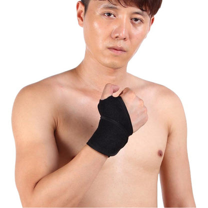 Black left side thumb wrist brace shown front and back
