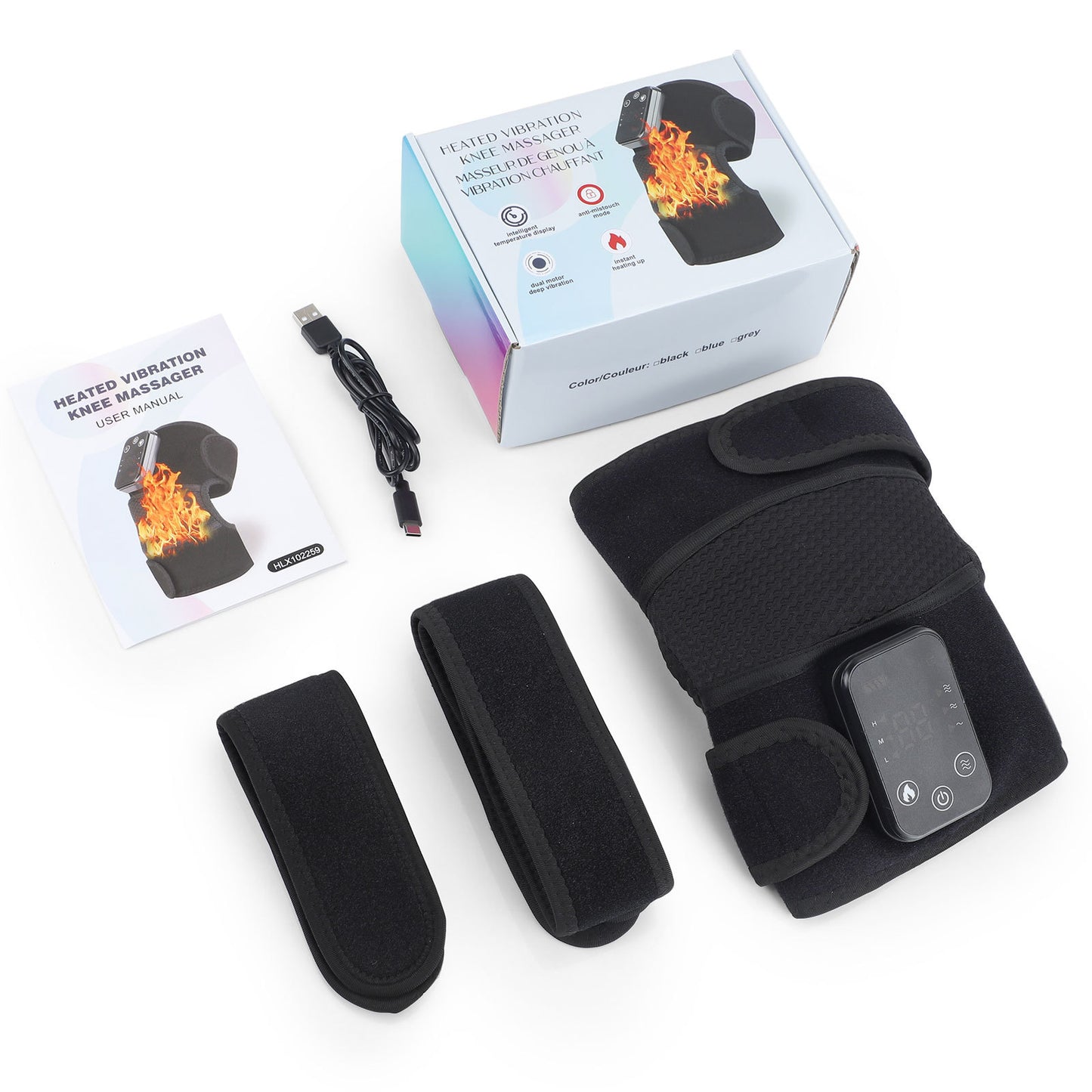 Heated massage shoulder support wrap with controller, USB cable, and accessories on white background