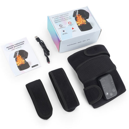 Heated massage shoulder support wrap with controller, USB cable, and accessories on white background