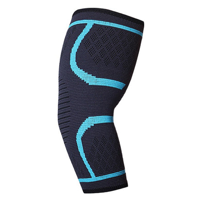 Adult wearing a long knit elbow support sleeve on the arm