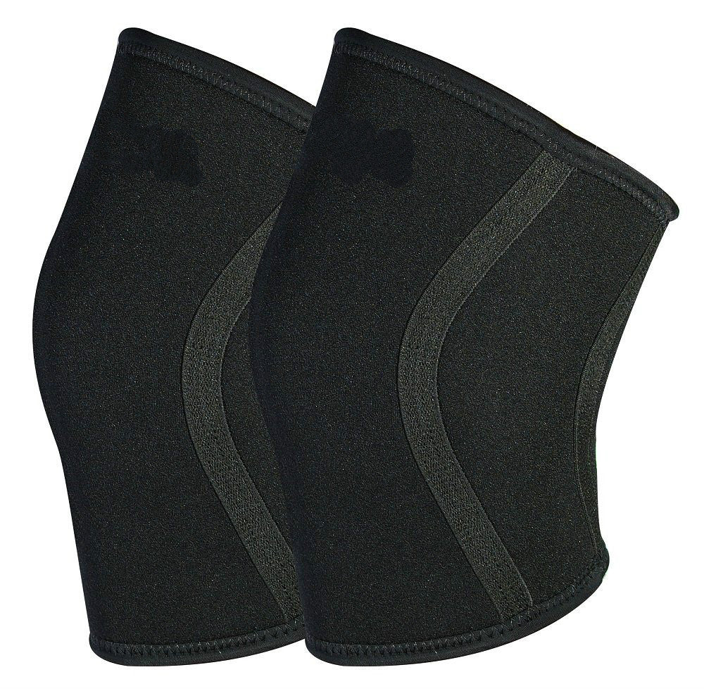 Black knee support sleeves with red and patterned side panels on white background
