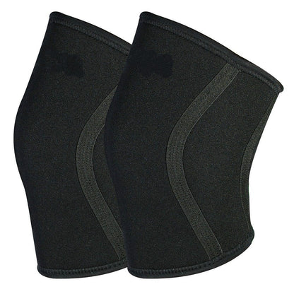 Black knee support sleeves with red and patterned side panels on white background