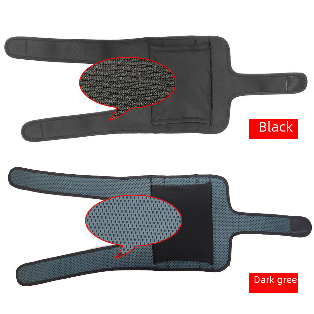 Adjustable elbow brace with removable splint shown in black and dark green on a white background