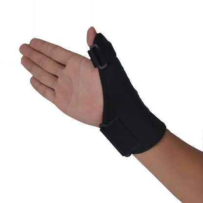 Side view of black thumb and wrist support brace showing wraparound wrist section