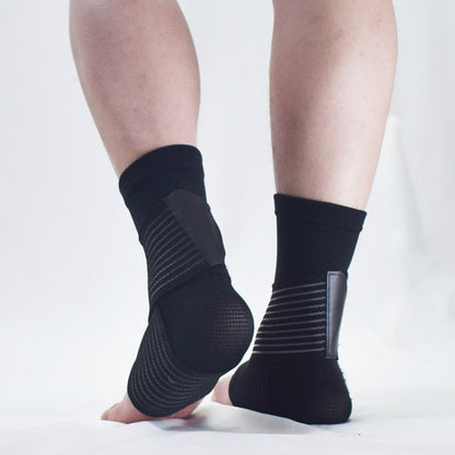 Black knitted ankle brace with wrap strap on white background