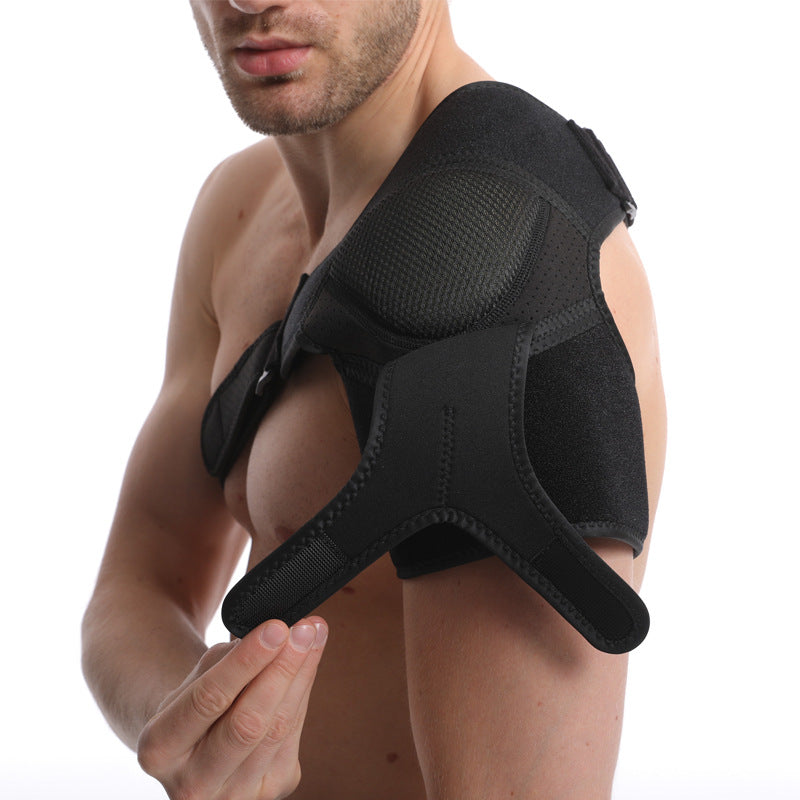 Close-up of shoulder brace material texture, straps, and hook-and-loop closure