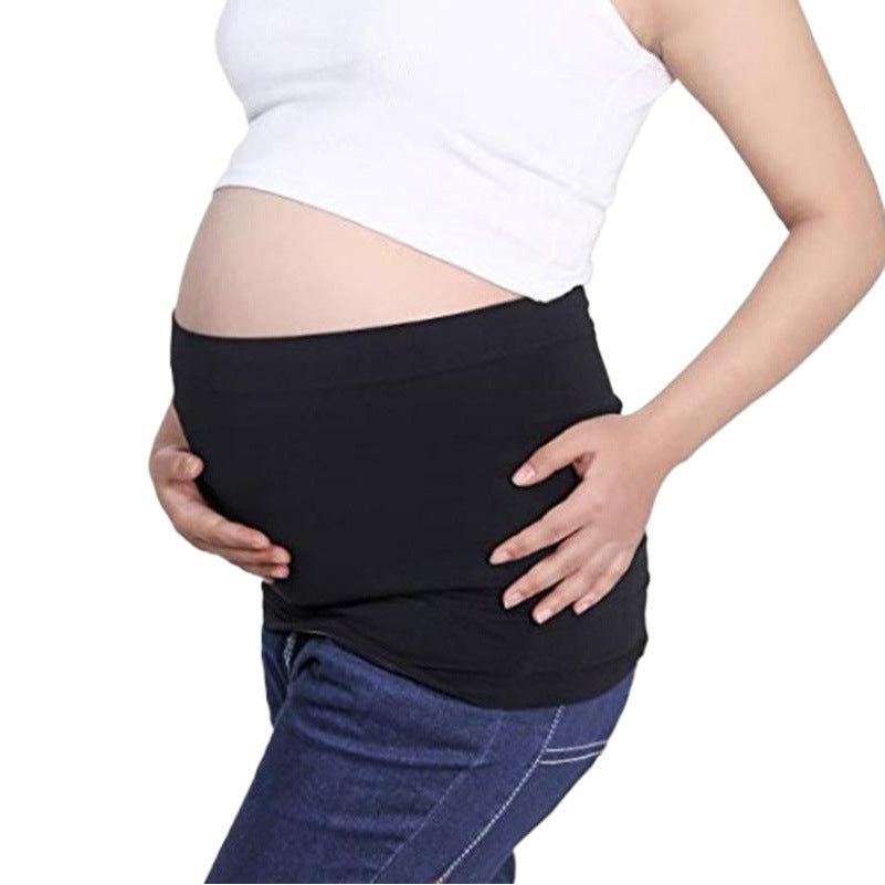 Side view of black maternity belly support belt showing abdominal and lower back coverage