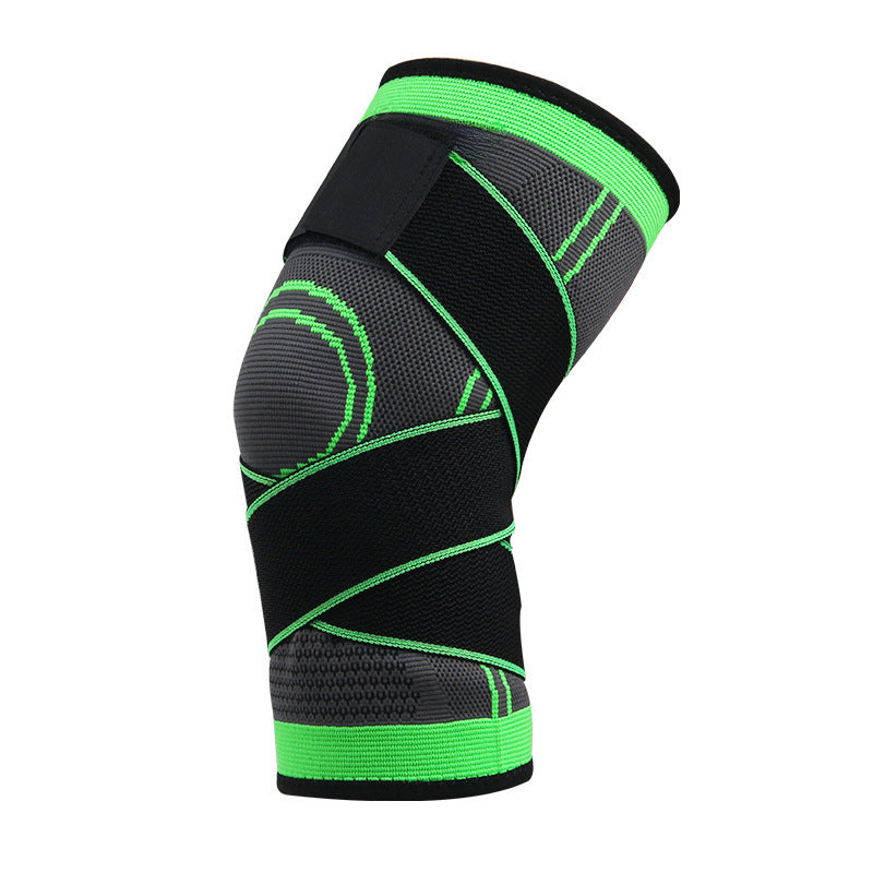 Adjustable knee support brace with green compression strap on white background