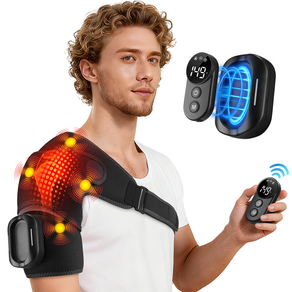 Shoulder support wrap highlighting heat, massage, and timer control features