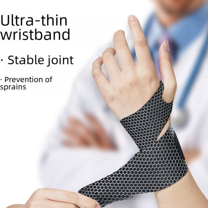 Black thumb wrist brace with wraparound design and hook-and-loop closure