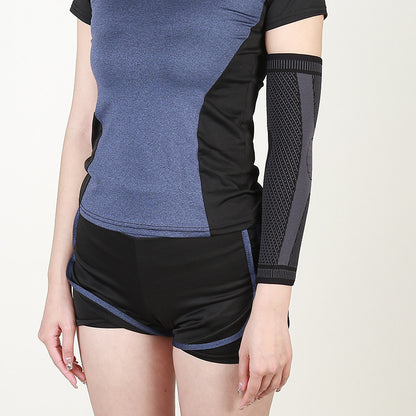 Front view of elastic elbow support sleeve worn on one arm