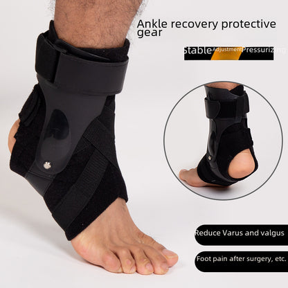 Ankle support brace with side panels and open-heel design shown in use