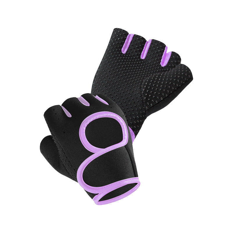 Purple fingerless workout gloves with adjustable wrist support on a white background