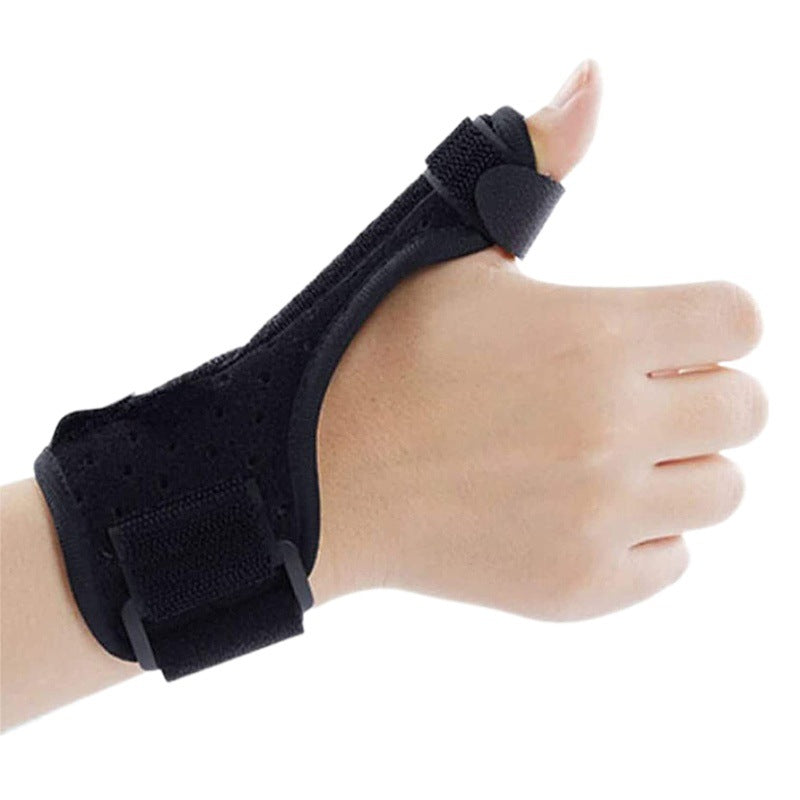 Close-up of black thumb wrist brace showing thumb loop and wrist coverage