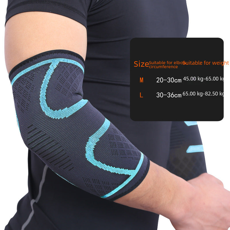 Blue elbow support sleeve worn on arm with size guidance overlay