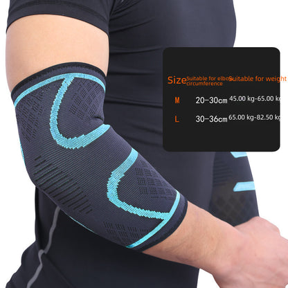 Blue elbow support sleeve worn on arm with size guidance overlay