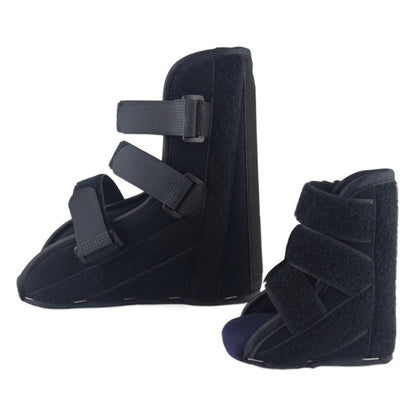 Close side view of padded foot and ankle support boot with multiple straps