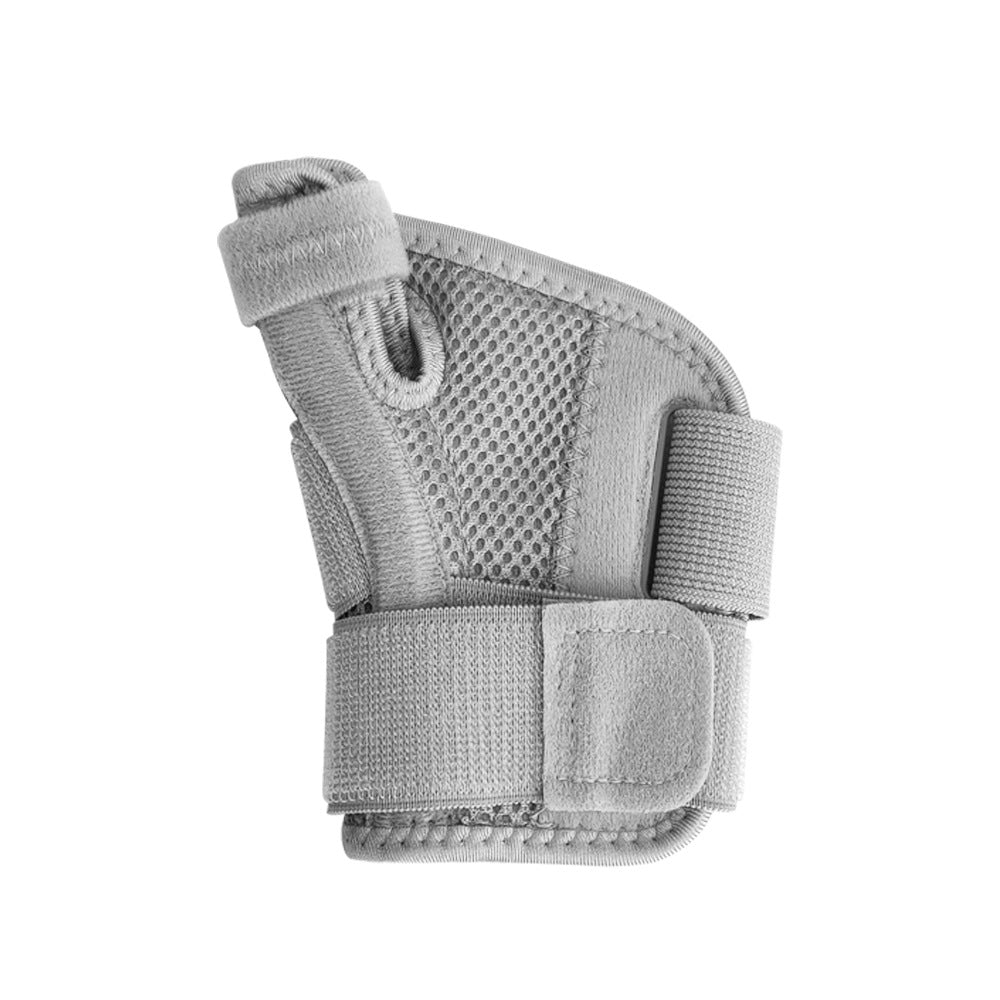 Gray thumb wrist brace showing support structure and adjustable closure