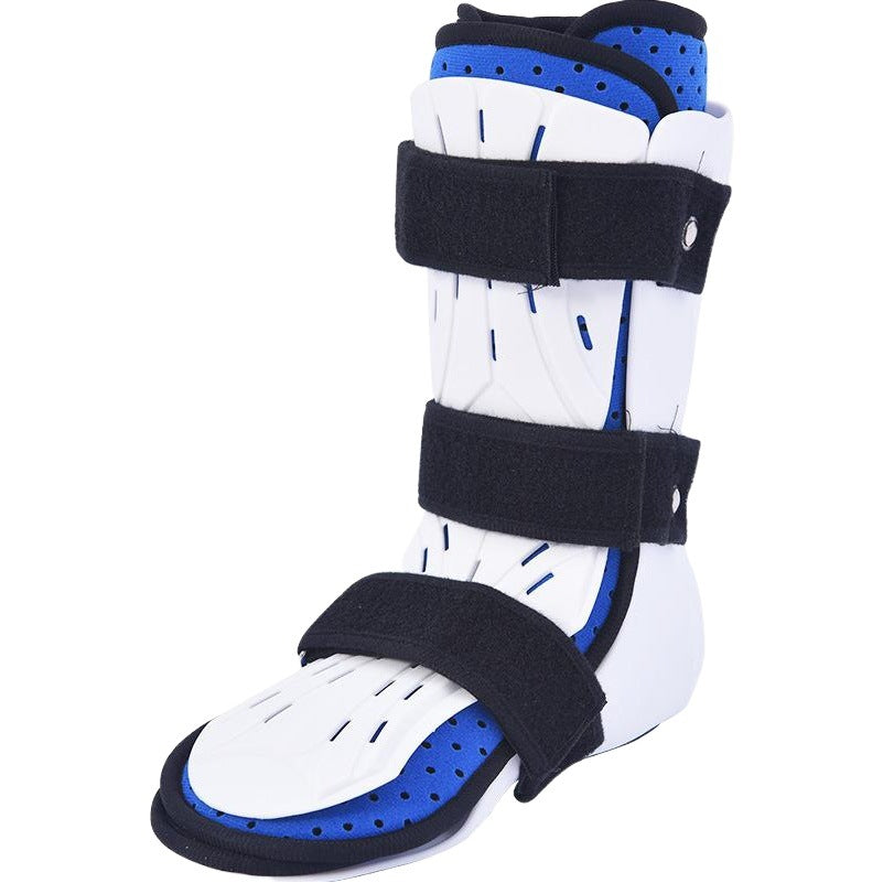 Adjustable ankle foot support brace with rigid shell, open toe, straps, and breathable blue lining