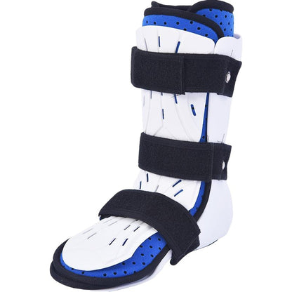 Adjustable ankle foot support brace with rigid shell, open toe, straps, and breathable blue lining