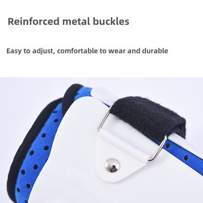 Close-up of metal buckle and strap attachment on ankle foot support brace