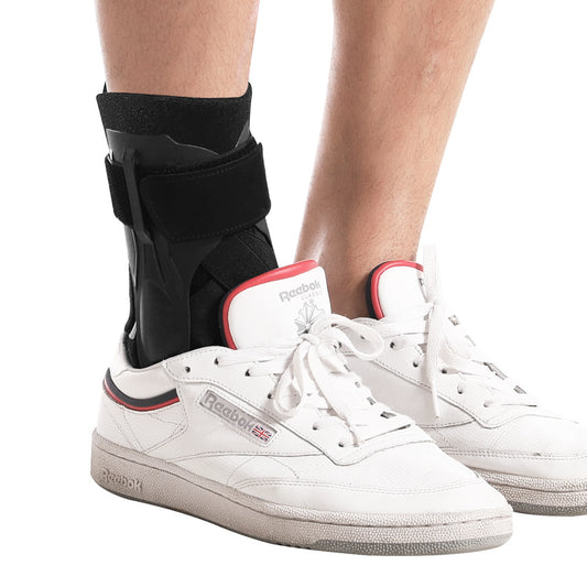 Adjustable ankle brace support sleeve in black, gray, and skin tone