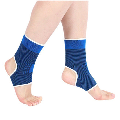 Blue open patella knitted compression knee sleeve worn on both legs