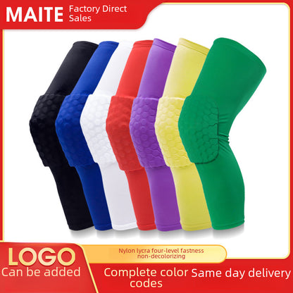 Red honeycomb padded knee support sleeve worn on leg