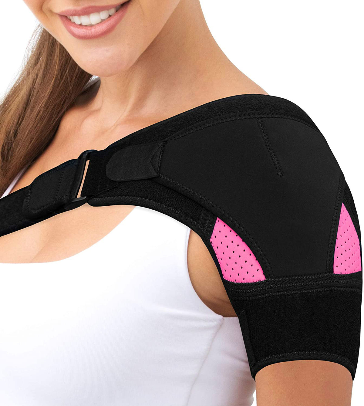 Red camouflage shoulder support brace worn to show adjustable fit