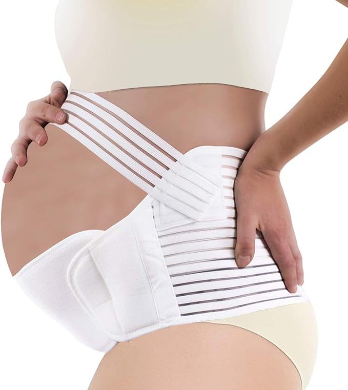 Maternity support belt feature graphic showing breathable fabric, adjustable fit, and hook-and-loop closure