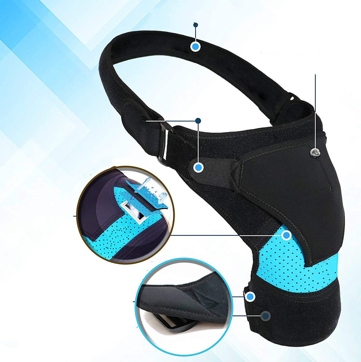 Shoulder brace showing adjustable strap structure and support zones