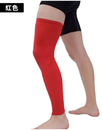 Black knee support sleeve worn on leg with long compression fit