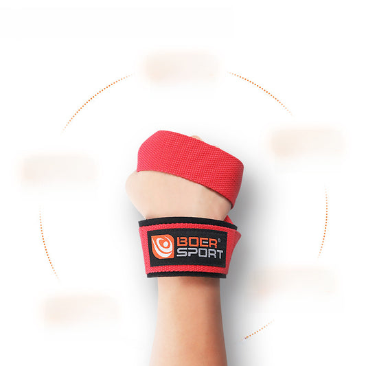Red padded weightlifting wrist strap worn on hand