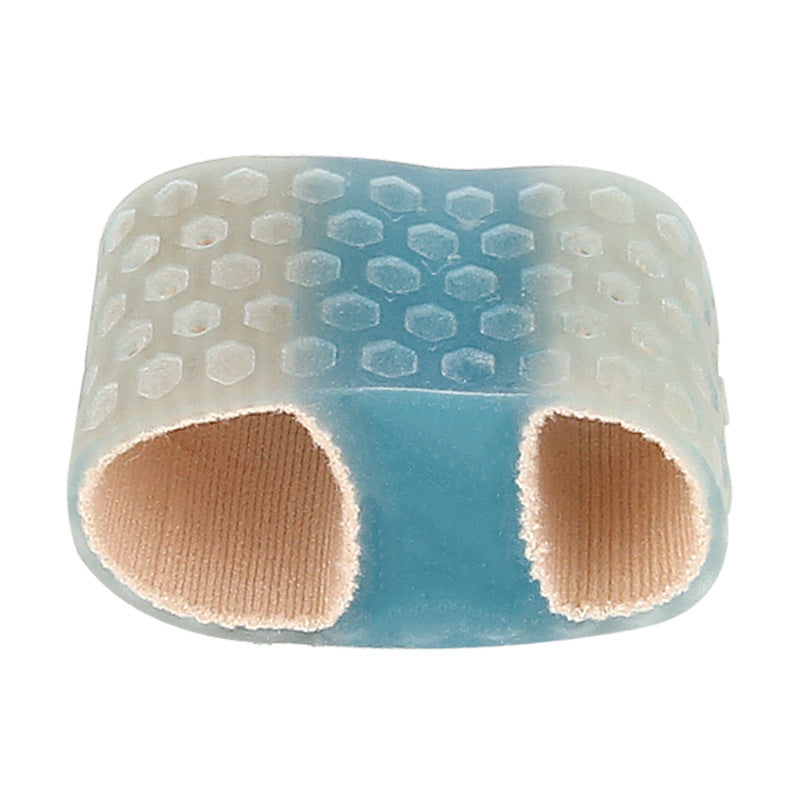 Blue toe separator bunion support sleeve showing textured knit surface and center insert