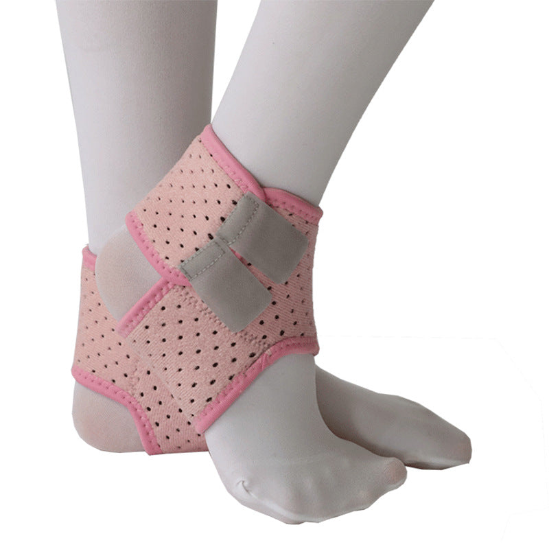 Pink kids ankle support brace with open-heel design and adjustable wrap on white background