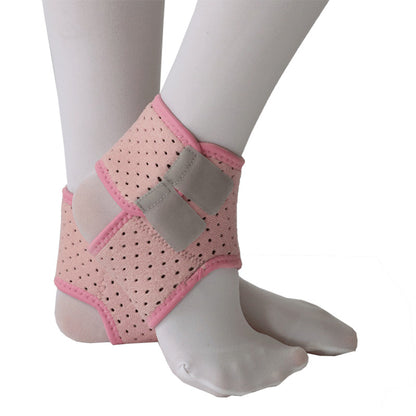 Pink kids ankle support brace with open-heel design and adjustable wrap on white background