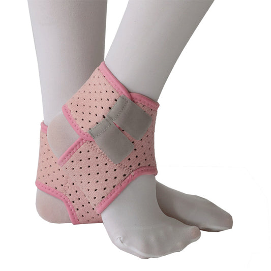 Pink kids ankle support brace with open-heel design and adjustable wrap on white background