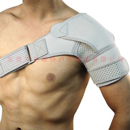 Black plus size shoulder brace worn on model showing extended coverage and adjustable fit