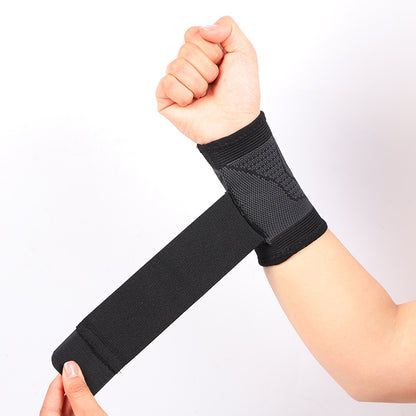 Wraparound wrist brace with hook and loop strap being adjusted