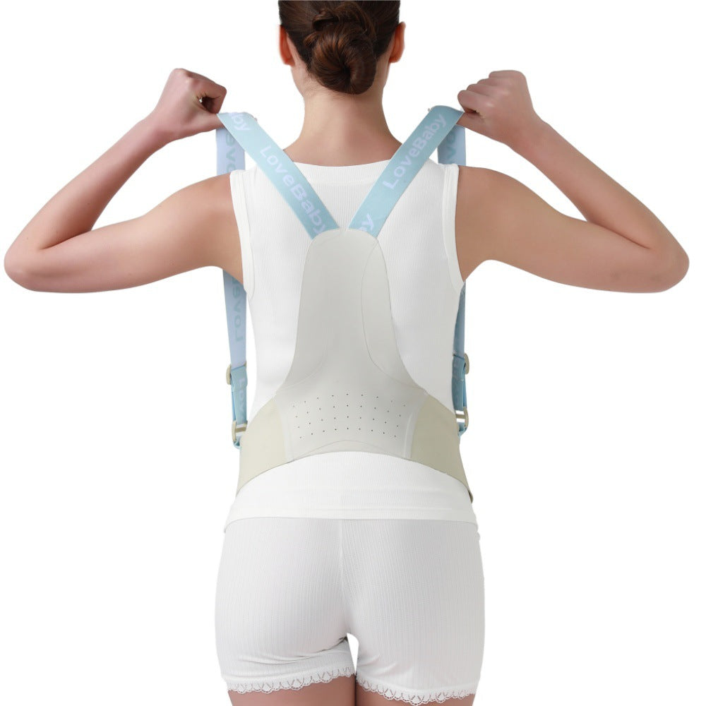 Back view of maternity belly support belt with adjustable shoulder straps and rear support panel
